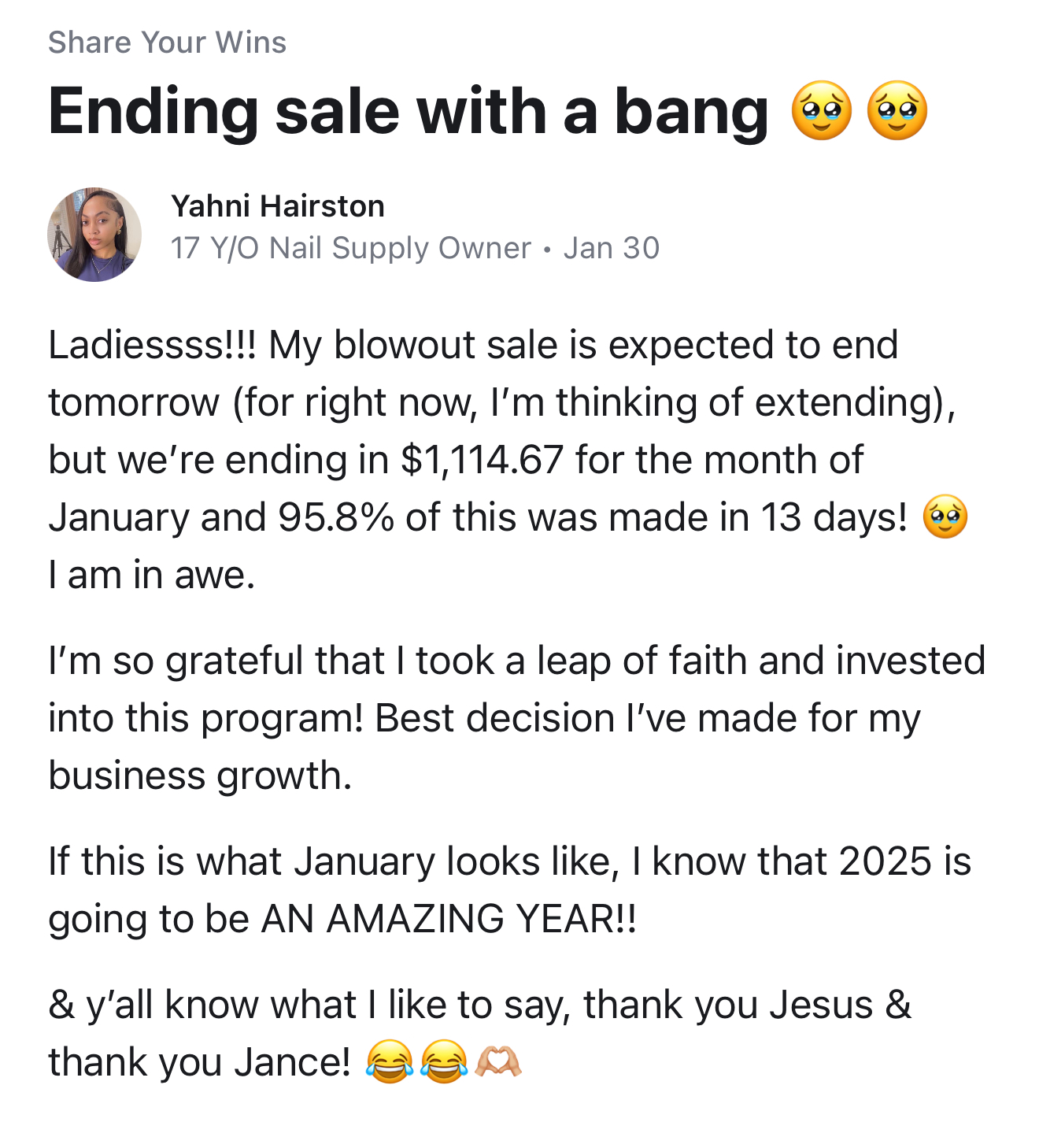 17 y/o nail supply owner — 95.8% earned in 13 days